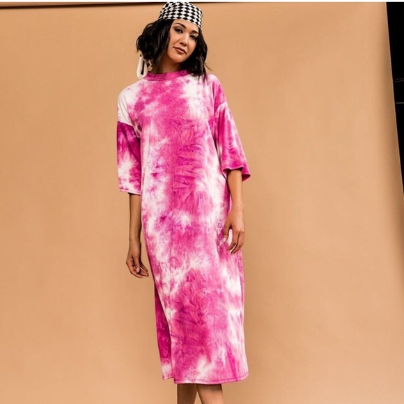 Dressed in LALA Ozzy Pink Tie Dye Ribbed Midi Dress large - Picture 1 of 4